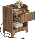 HOOBRO Fluted Nightstand with Charging Station, End Table with Hidden Drawer, Modern Bedside Table, Wooden Night Stand for Bedroom, Study, Dark Walnut WL351UBZ01