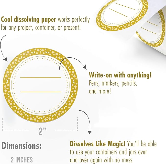 Canning Labels Dissolvable Stickers for Mason Jars and More (2" Round 200/roll) Canning Supplies Washes Off in Seconds Like Magic - Jar Labels Homemade Jam, Jelly, and More (Gold)