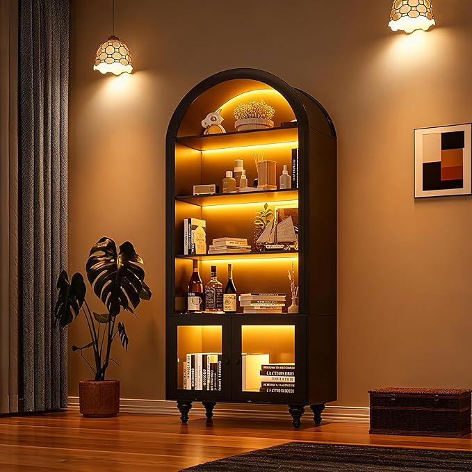 Wooden Arched Display Storage Cabinet with Glass Door, LED Lights,Showcase for Collections, Perfume, Vinyl Albums, Bookcase for Home Office, Living Room, Clinic, Pantry (Black-Arched top)