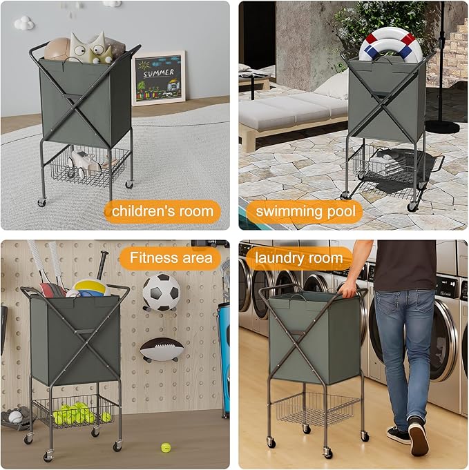 Laundry Basket with Wheels:88L Rolling Laundry Cart Foldable Metal Frame Dirty Clothes Laundry Hamper 36"H 4 Caster 2 Brake Waterproof Removable Liner Carry Handle for Dorm Laundry Room,Gray