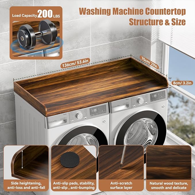 Washer Dryer Countertop, 27.5" D x 54" W Washer and Dryer Topper Covers with Edge Rails, Wood Laundry Room Countertop Shelves for Laundry Room Organization and Storage (Brown)