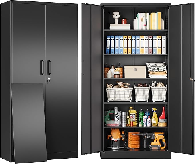 Metal Storage Cabinet with 2 Doors and 6 Shelves,Black Metal Cabinet with Lock,71" Lockable Garage Storage Cabinets,Locking File Cabinet,Steel Tool Cabinets for Home,Office,Garage,Shop,School