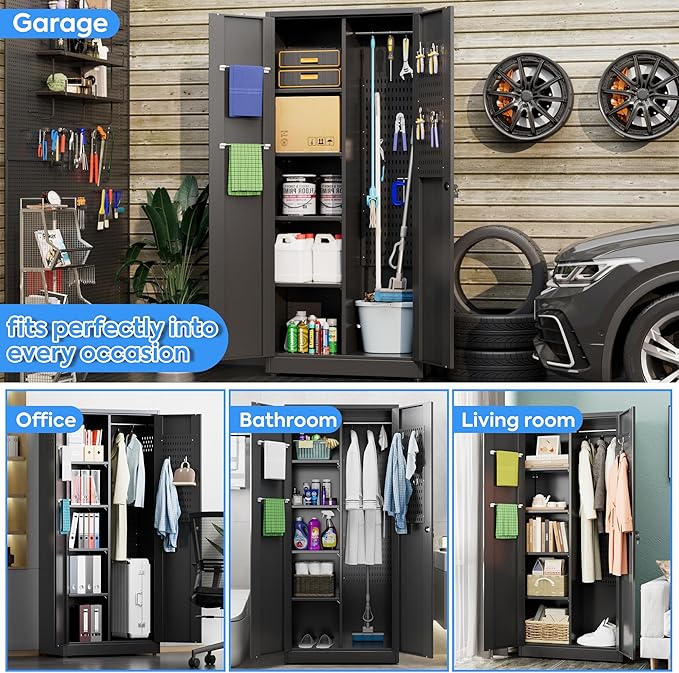 SUXXAN Broom Closet Storage Cabinet 71.4"x 33.9"x16.9", Metal Cleaning Cabinets with Hooks and Hanging Rods, Lockable Cabinet with Pegboard, Adjustable Shelf,for Garage, Laundry Room