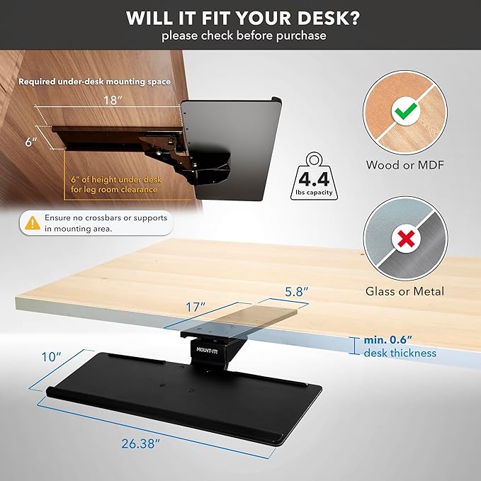 Mount-It! Under Desk Keyboard Tray – Adjustable Slide-Out Keyboard Drawer with Tilt & Swivel, 26.4" One-Piece Platform with Wrist Rest, Ergonomic Pull-Out Keyboard Holder