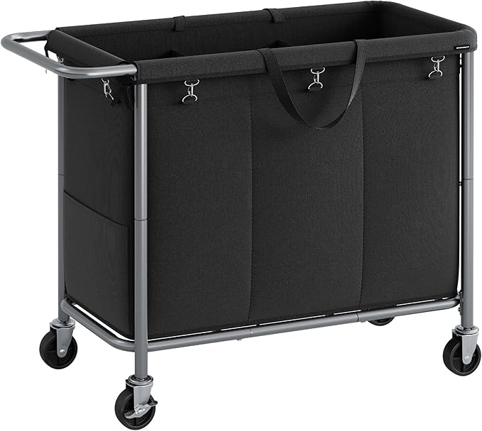 SONGMICS Laundry Basket with Wheels, 3-Section Rolling Laundry Hamper, 52.8 Gallons (200 L), Removable Liner, Steel Frame with Handle, 35.8 x 15.4 x 31.9 Inches, Ink Black URLS005B01