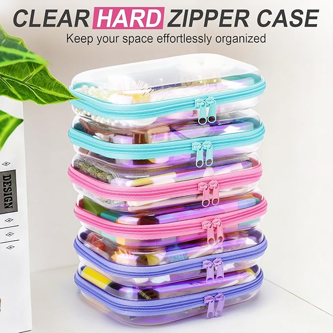 Sanwuta 6 Pcs Clear Hard Zipper Case Hard Plastic Zipper Pouches Transparent Makeup Bag Pencil Pouches for Travel Snacks Christmas Trinket Storage Organizer Box(Holographic,7.87 x 5.9 x 2 Inch)