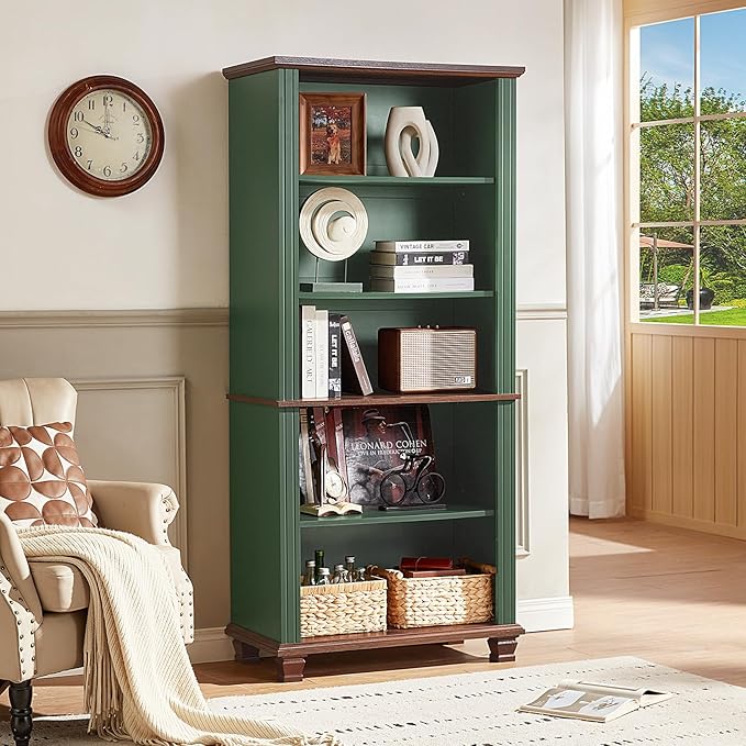 70" Tall Green Bookshelf,5 Tier Wooden Book Shelf with Adjustable Shelves & Wood Legs,Free Standing Farmhouse Bookcase with Open Display Storage,Vintage Bookshelves for Library, 2PCS