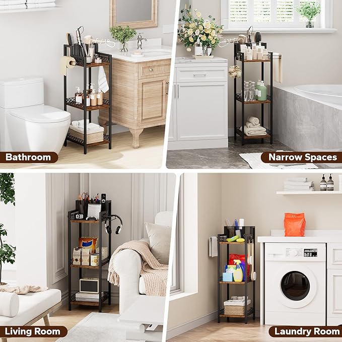 Bathroom Storage Shelf Hair Dryer Holder, 3-Tier Narrow Metal Standing Rack with Toilet Paper Holder, Multifunctional Corner Unit Rack for Cosmetic, Curling Irons (9.85“ Black Without Drawer)