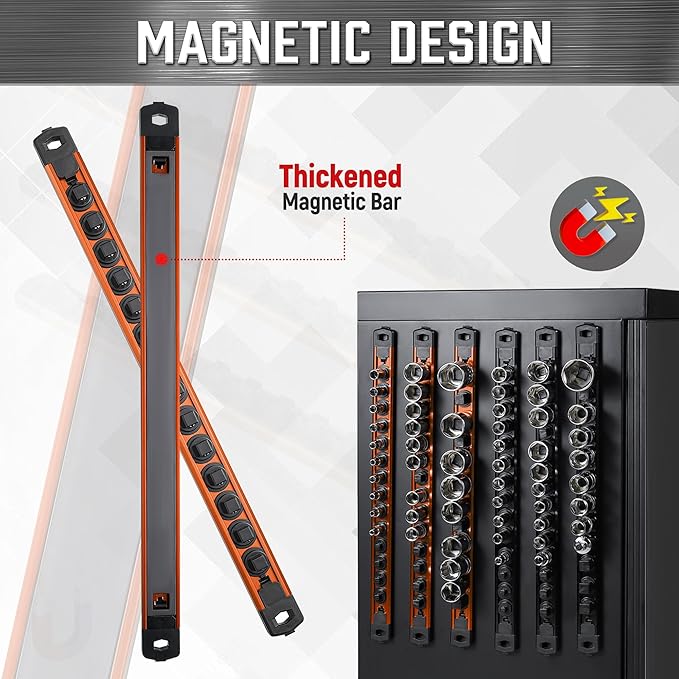 ALOANES 6-Piece Magnetic Socket Organizer, Heavy Duty Aluminum Socket Rails Organizer, 360° Swivel Clips Socket Holder Kit for Tool Box, 1/2, 3/8, 1/4-Inch Socket Holder x 80 Clips (Black&Orange)