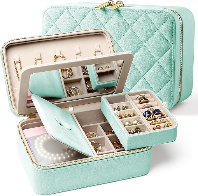 Velvet Travel Jewelry Box with Large Mirror, Double-Layer Jewelry Organizer Case for Women and Girls, Portable Storage Case with 6 Anti-Tarnish Bags Gift Ready for Her (Mint Green)