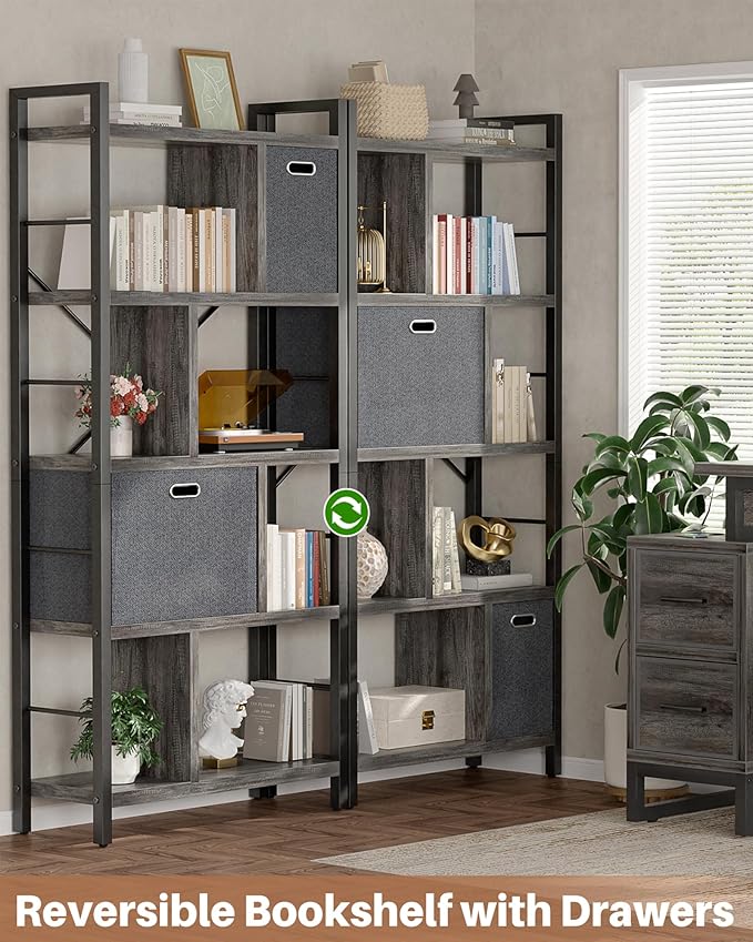Armocity Bookshelf with Drawers - 5 Tier Tall Bookcase Geometric Modern Book Shelf Display Standing Bookshelves with Storage for Living Room, Bedroom Home Office, Grey Oak