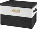 Large Linen Fabric Foldable Storage Bins with Removable Lid and Handles, Washable Storage Box Organizer Containers Baskets Cube with Cover for Bedroom,Closet,Office (Black&White, Medium)