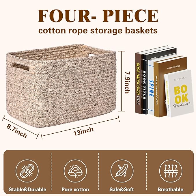 Storage Baskets for Organizing, 4 Pack Storage Baskets for Shelves, Woven Basket for Shelves, Closet Organization, Rectangle Organizer Basket Gifts Empty, 13"Lx8.7"Wx7.9"H Decorative Bins with Handles