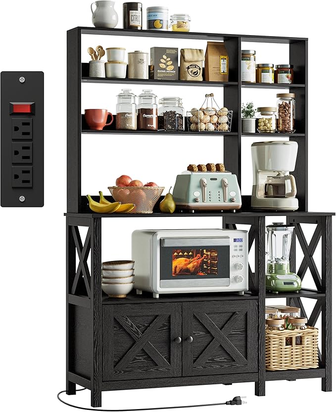 IRONCK Bakers Rack with Power Outlet, 45in Wide Coffee Bar Cabinet with Storage, 6-Tier Kitchen Storage with Doors, Microwave Stand for Kitchen, Dining Room