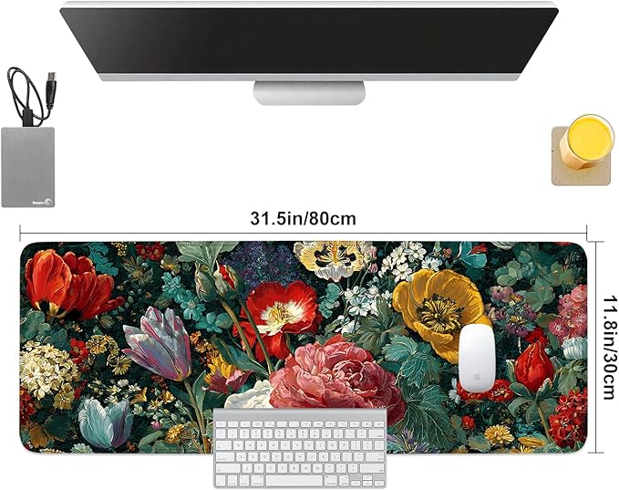 Vintage Oil Painting Floral Mouse Pad – Large Extended Desk Mat 31.5 x 11.8 in– Baroque Style Botanical Design, Waterproof Surface, Non-Slip Rubber Base, Oversized Mouse & Keyboard Pad for Art Lovers