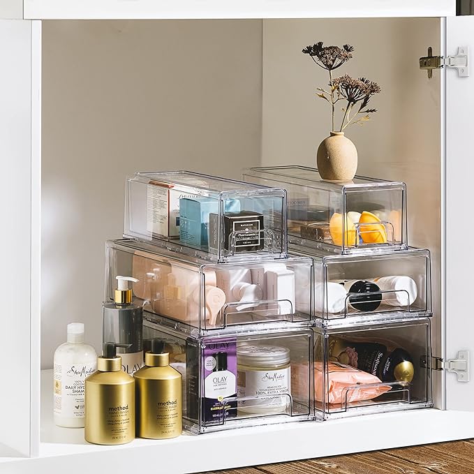 Sorbus Small Wide Clear Storage Drawers (4 Pack) – Stackable Pull-Out Storage Bins for Fridge, Pantry, and Cabinet Organization – Acrylic Drawer Organizers