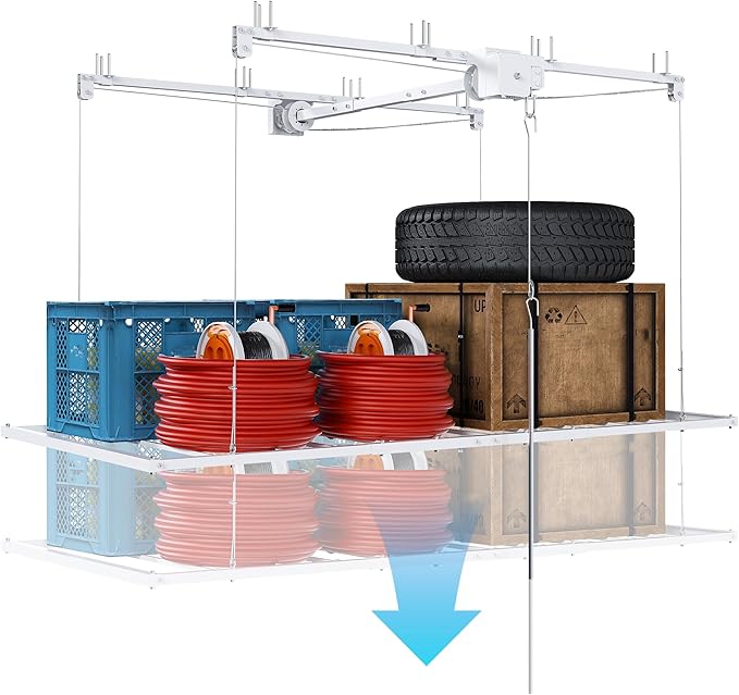 Overhead Garage Storage Rack 3x6 FT, Adjustable Ceiling Lift Storage System for 10–12 FT Ceilings, Heavy-Duty Steel Overhead Shelf with Crank Handle, Safety Lock, 270 lbs Capacity