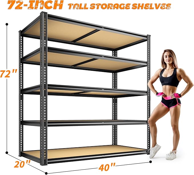 2300LBS Storage Shelves Heavy Duty 5 Tier Garage Storage Shelving, Adjustable Metal Shelving Unit Utility Rack Shelf for Warehouse, Pantry, Closet, 72" H x 40" W x 20" D, Black,2PCS