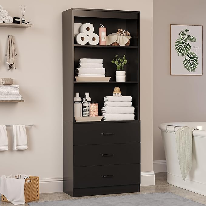 oneinmil 70" H 6-Tier Bookshelf with 3 Drawers, White Bookcase with 3-Tier Open Shelves, Tall Book Shelf with Storage Space, Wooden Storage Cabinet for Living Room, Bedroom, Office (Black, 6-Tier)