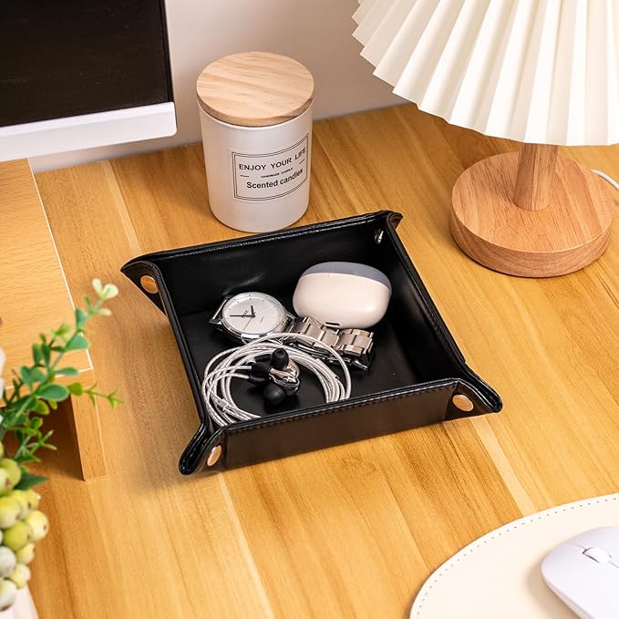 PU Leather Valet Tray for Mens and Women Catchall Tray for Keys,Watch,Jewelry Small Nightstand Bedside and Entry Table Tray Gift for Dad Husband (Black)