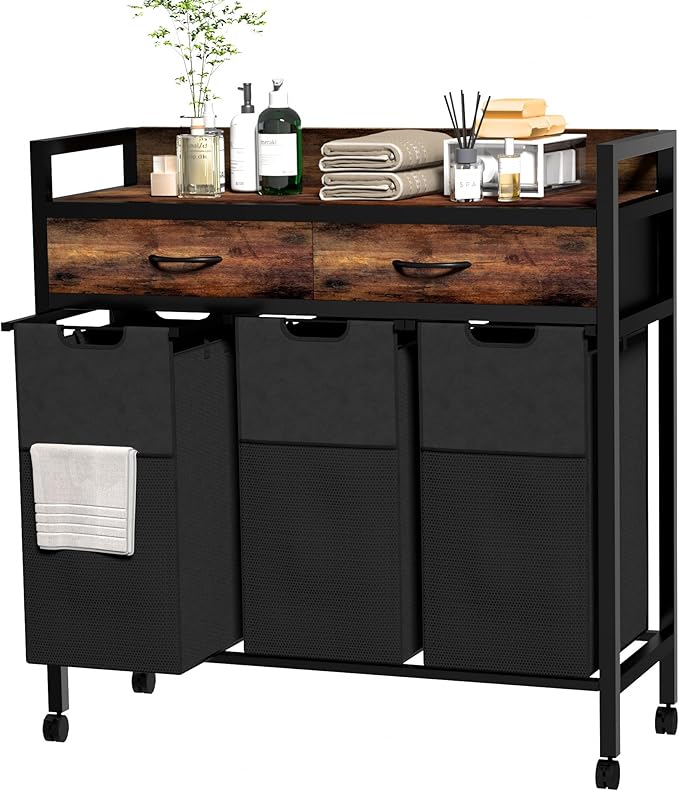 Laundry Sorter 3 Section,144L Hamper with Non-Woven Drawers,360° Rolling Laundry Basket,Pull-Out and Removable Oxford Fabric Laundry Bags,Rustic Brown and Black