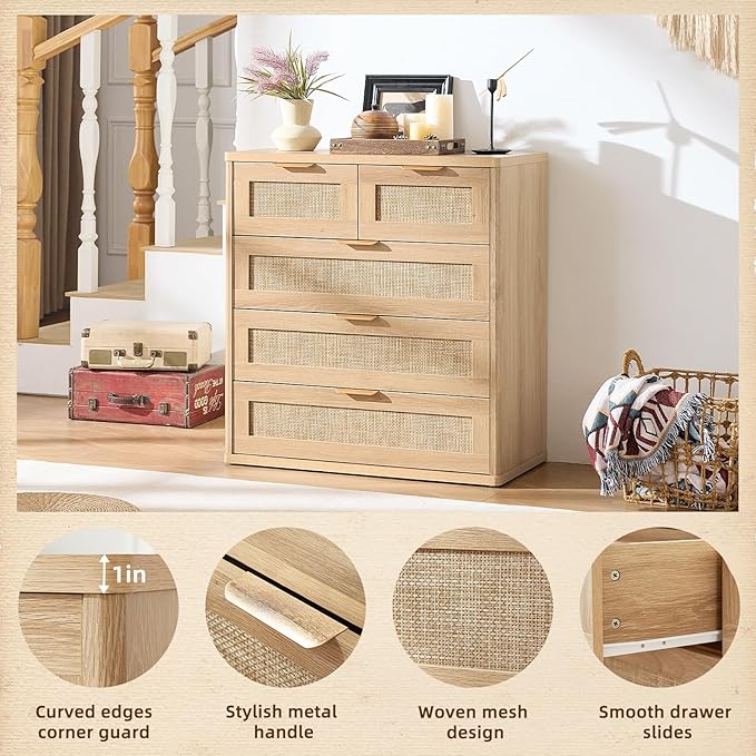 LEYAOYAO Rattan Dresser for Bedroom, 33.5" Tall Chest of Drawers, Modern 5 Drawers Boho Dressers with Storage, Light Oak Dresser Wooden Closet Organizer for Living Room, Hallway, Natural Wood