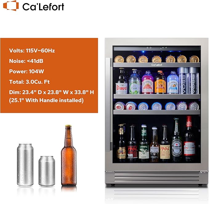 Ca'Lefort 24 Inch Beverage Refrigerator - 220 Can Beverage Fridge with 34° -54°F, Built in or Freestanding Beverage Cooler with Glass Door and 3 LED, Drink Fridge for Home/Kitchen(5.65 cu.ft)