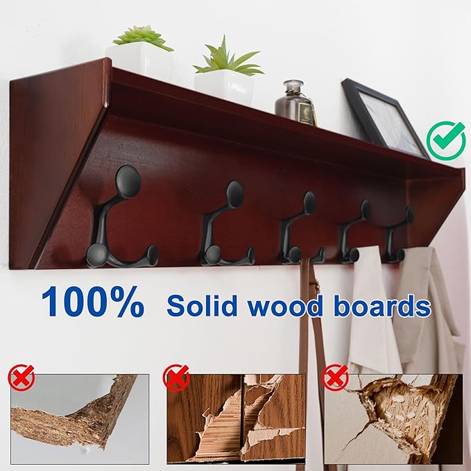WEBI Wall Shelf with Hooks Underneath,35” Long Wall Mounted Coat Rack with Shelf,Entryway Coat Rack with 5 Triple Hooks for Hanging Coats,Jacket,Hallway,Bedroom,Mudroom,Cherry
