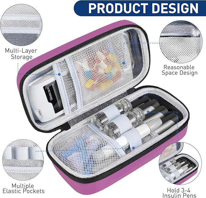 Insulin Cooler Travel Case, Portable Temperature Display Medicine Travel Cooler, Diabetes Case with 2 Reusable Ice Packs TSA Approved for Diabetic Supplies Patent Pending(Purple-No Temp)