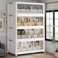 480QT Extra Large Stackable Storage Bins with Lid & Wheels & Doors, 120Gal Foldable Collapsible Closet Organizers, Plastic Cabinet Box Container Drawer for Home Kitchen Bedroom, 4Pack White