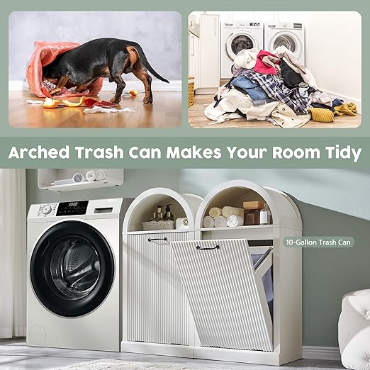 Arched Tilt-Out Trash Can Cabinet, Fluted 10 Gallon Trash Can with Open Shelf, Modern Laundry Hamper Cabinet, Hidden Garbage Can with Storage Basket for Kitchen, Living Room, White