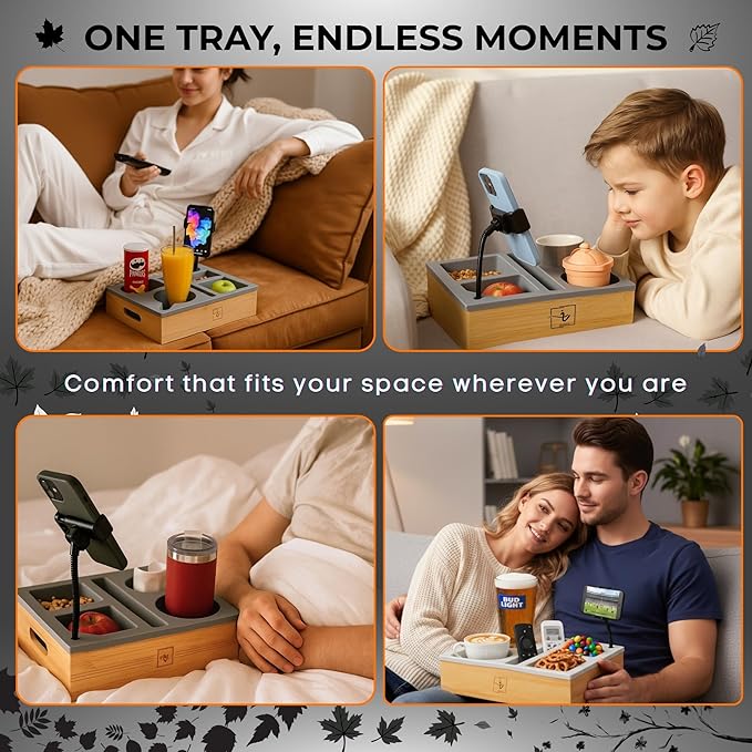 Couch Caddy with Cup Holder | Bamboo Couch Cup Holder Tray for Drinks, Snacks & Remotes | Couch Tray for Bed, Car Seat & Beach Organizer (Grey)