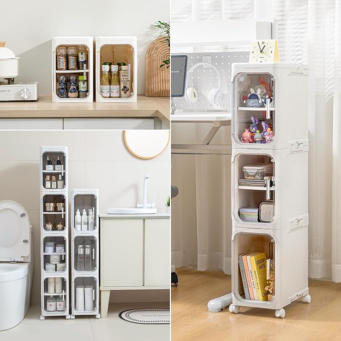 Narrow Bathroom Storage Cabinet with Wheels,5-Tier Plastic Slim Organizer with Adjustable Shelves for Small Spaces,Bathroom, Kitchen, Laundry,Milky White