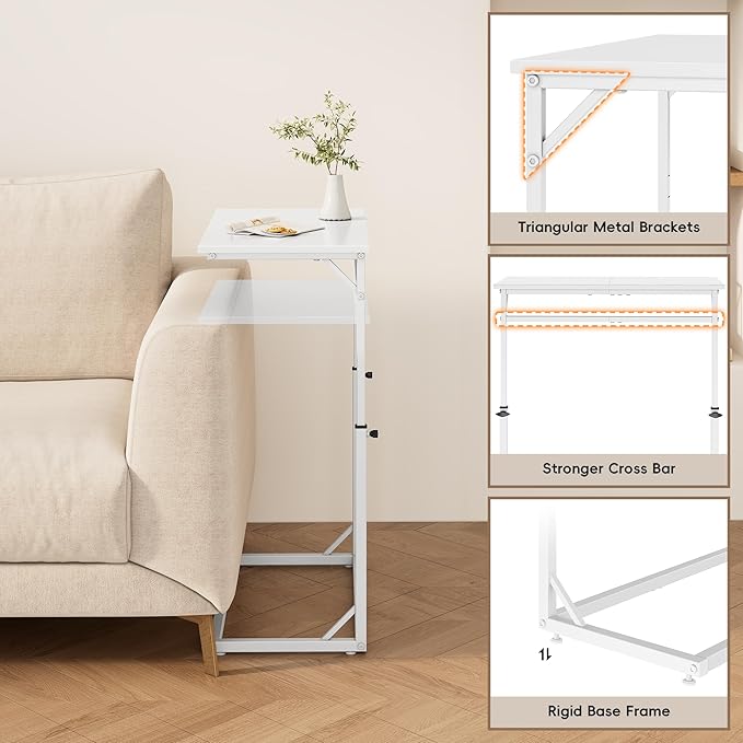 Vagusicc C Shaped End Table, Tall Side Table for Couch, C-Table End Table Adjustable Height Side Table, Large Surface Sofa Table TV Tray, Slide Under Couch Table for Sofa, Living Room, Bedroom, White