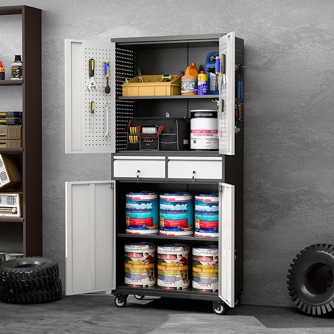 Aobabo Metal Storage Cabinet with Locking Doors and Pegboards, Steel Rolling Tool Storage Cabinet with 2 Drawer and 2 Adjustable Shelves for Garage, Kitchen, Office, Assembly Required, Black Grey