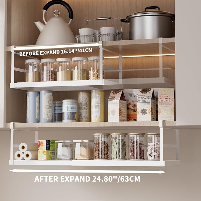 Finnhomy 2 Pack Under Cabinet Organizer, Pantry Organizers and Storage, Under Shelf Basket, Pantry Organization, Expand between16.14”-24.8”, Light Gray
