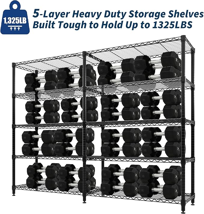 5-Tier Storage Shelving Unit Metal Shelves 59" W Wire Shelving, 70" H L-Shaped Pantry Shelves Kitchen Storage Shelves for Home Commercial Garage Heavy Duty, 70.5" H x 59" W x 13.8" D