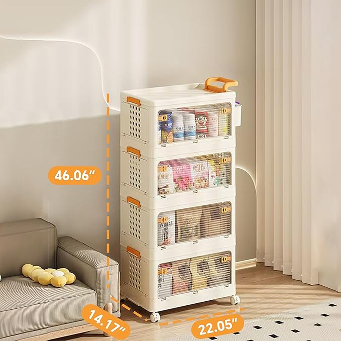 58 QT Storage Bins with Lids, Stackable Rolling Storage Cart with Clear Doors, 4 Tier Storage Cart on Wheels, Plastic Storage Containers for Home, Office, Kitchen, Bedroom, White