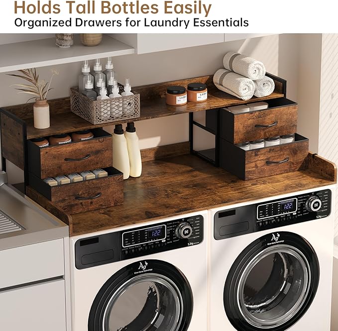 4 Drawers Washer Dryer Countertop with Shelf, 27.5" D x 54" W Laundry Topper with 3.54" High Guardrails and Non-Slip Pads,Extra Storage Organizer for Over Washer and Dryer, Holds 66 Lbs,Vintage Brown