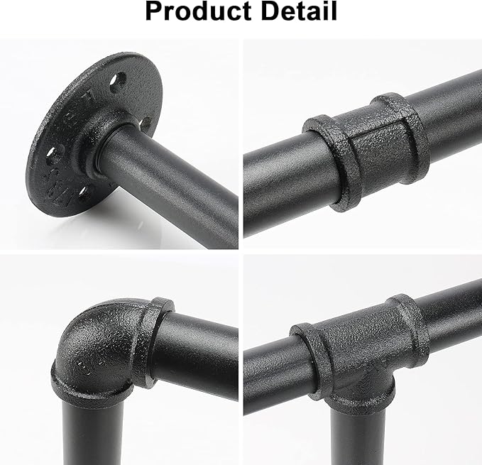 Industrial Iron Pipe Clothes Hanging Bar DIY Wall-Mounted Garment Rack Heavy Duty Clothing Rack for Bedroom, Laundry Room, Closet Storage (Black 50 inch)