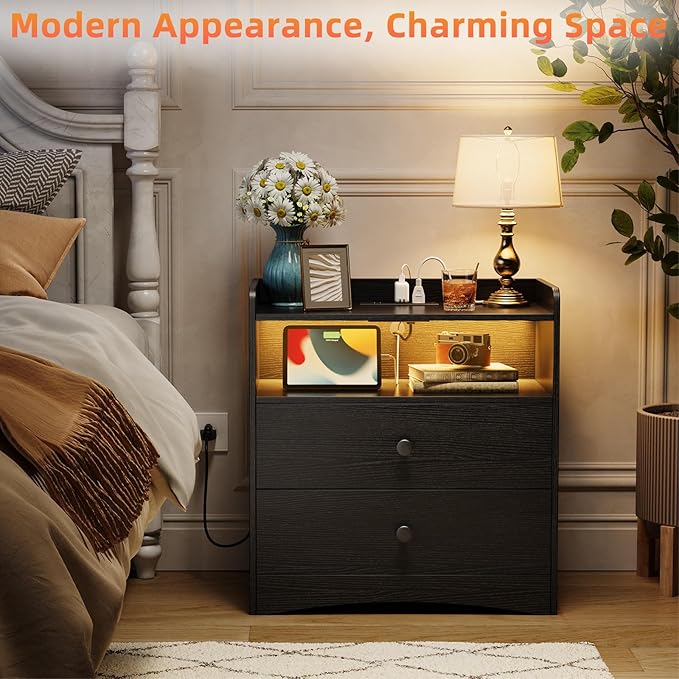 Nightstand with Charging Station and LED Light,Modern Nightstand with USB Ports and Outlets,Wooden Bedside Tables with 2 Storage Drawers,Small Dresser for Bedroom Small Space,Black