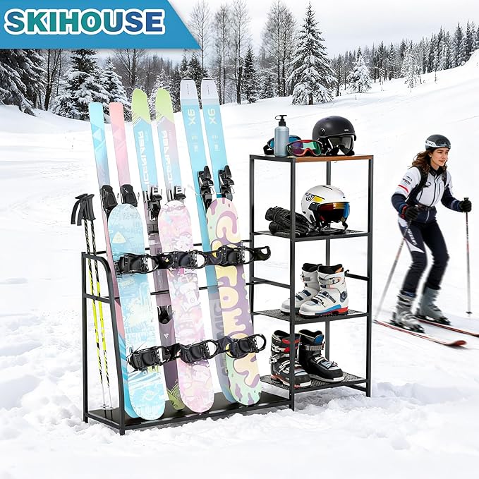 Ski-Snowboard Storage Rack Holder - Freestanding Ski Equipment Organizer Snowboard Boot Stand Garage Gear Storage