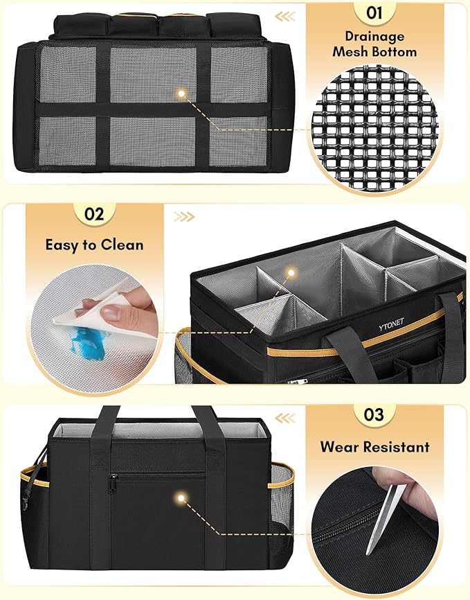 Ytonet Cleaning Caddy Bag with Detachable Apron, Extra Large Cleaning Supplies Organizer with Foldable Dividers, Portable Cleaner Tote with Handle, Cleaner Caddy for Housekeeper, Black