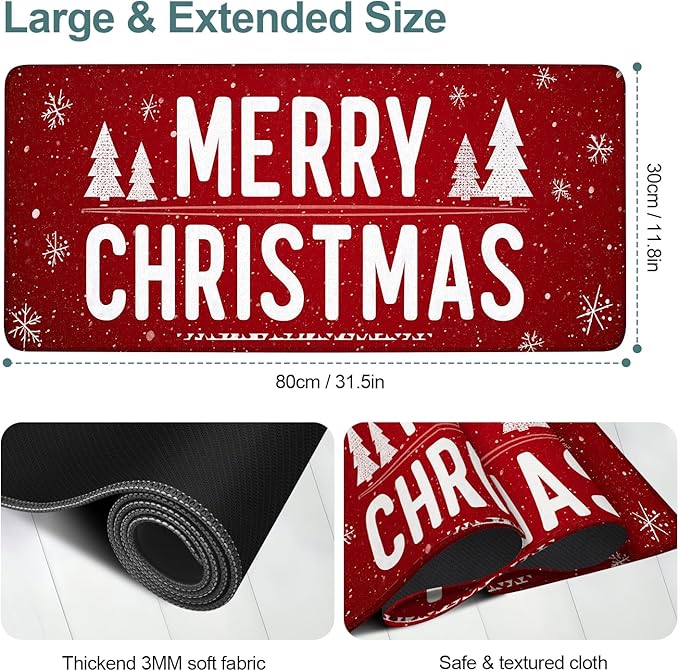 Merry Christmas Gaming Mouse Pad 31.5"x11.8"Desk Mat Anti-Slip Rubber Base & Durable Stitched Edges for Gamers Smooth Mouse Writing Surface for Desk Office/Home