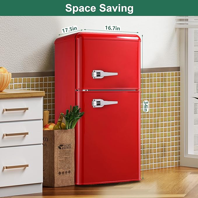 Retro Mini Fridge, 3.2 Cu. Ft. Small Refrigerator with Freezer Retro Style with 7-Level Adjustable Thermostat, Compact Vintage 2-Door Fridge for Apartments, Dorm, Office, Red