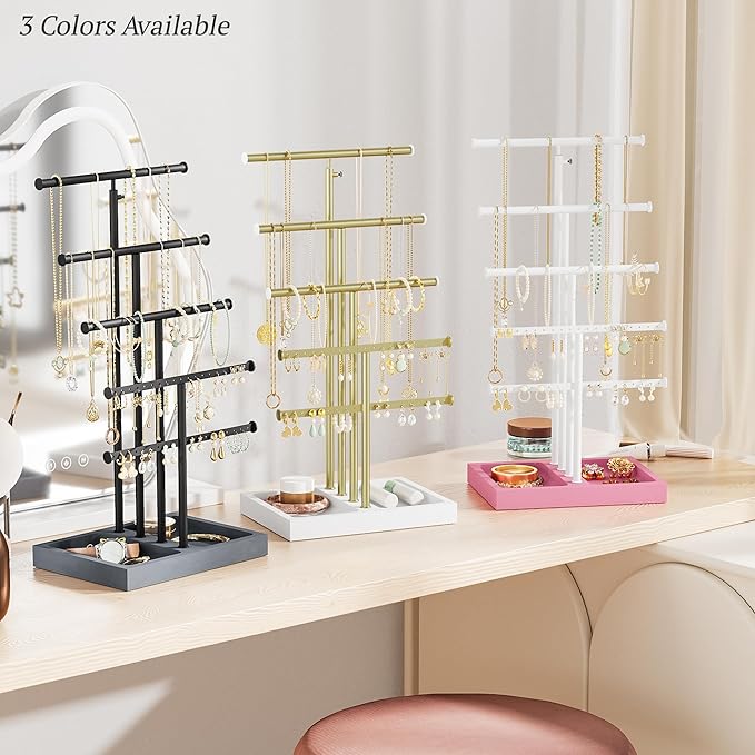 Love-KANKEI Jewelry Organizer Stand, 5 Tier Large Necklace Holder with Wood Base, Jewelry holder stand Tree for Display, Bracelets Earrings Rings, Height Adjustable Gift Pink and White