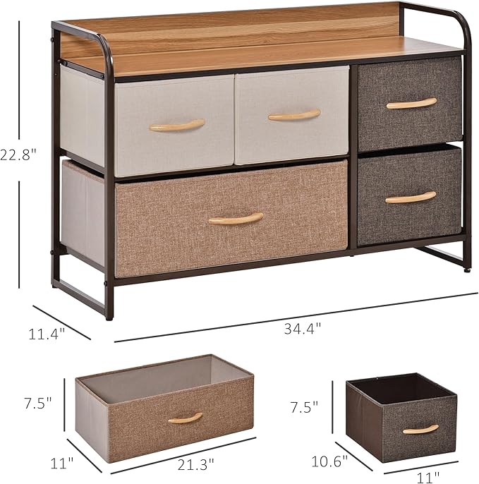 HOMCOM 5-Drawer Dresser, Fabric Chest of Drawers, 2-Tier Storage Organizer for Bedroom Entryway, Tower Unit with Steel Frame Wooden Top, Maple Wood