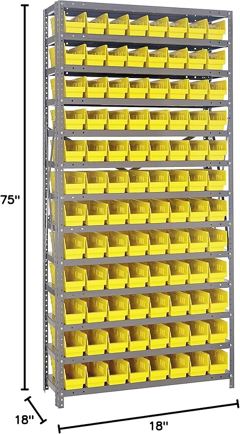 Quantum Storage Systems 1875-103YL Steel Shelving Unit with 4" Shelf Bins, 18" D x 36" W x 75" H, Yellow
