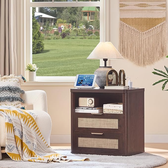 LEYAOYAO Rattan Nightstands Set of 2 with Charger Station, 23" Wide Boho Night Stand with 2 Drawers, Bedside Table Open Shlef, Bed Side End Table Dresser for Bedroom, Living Room Hallway, Walnut
