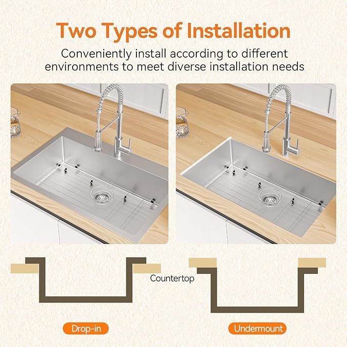33 x 22 Drop-In/Undermount Kitchen Sink, TECASA Single Bowl Kitchen Sink with Pull Down Faucet, 18-Gauge T-304 Stainless Steel Basin with Accessories